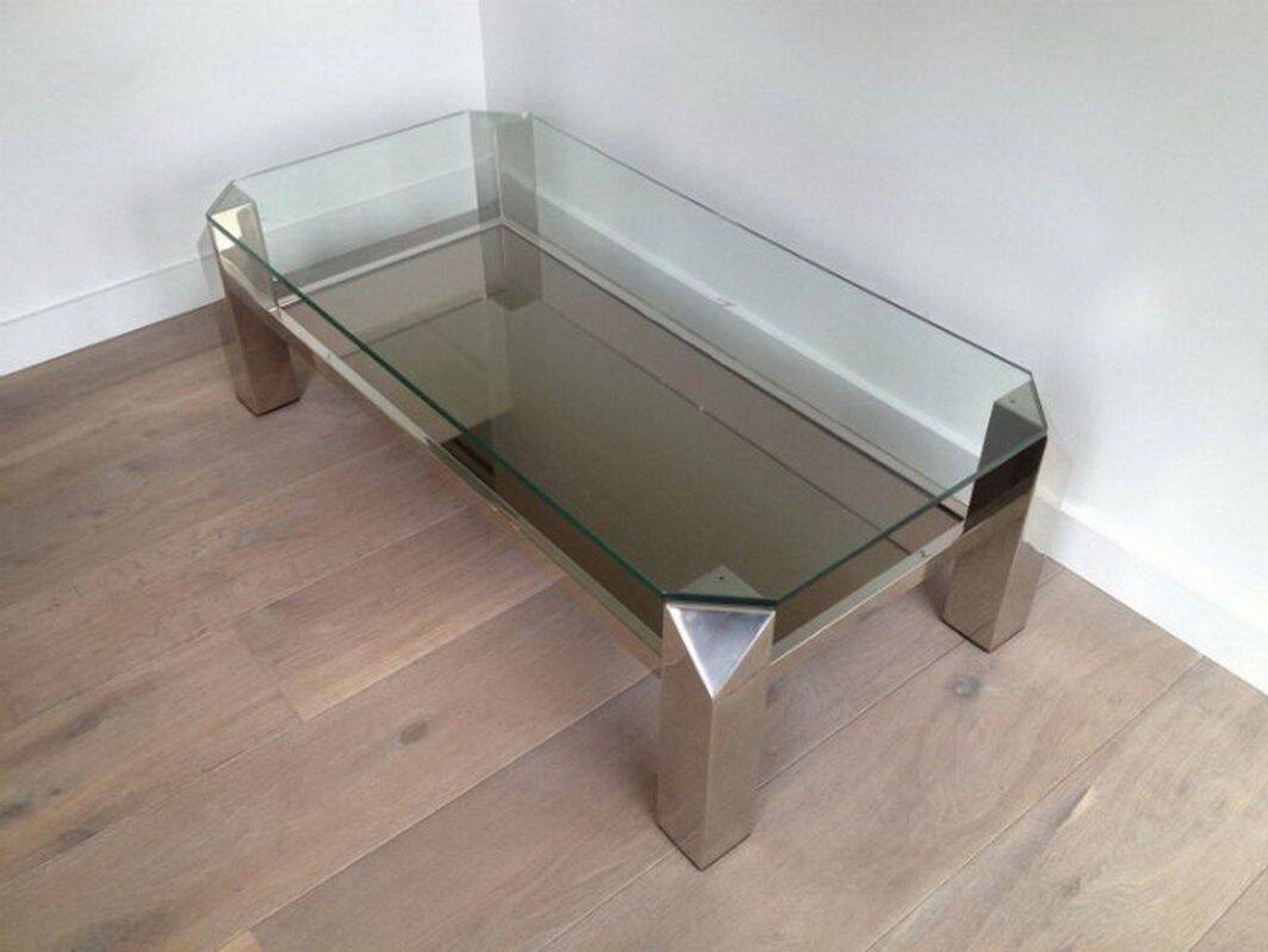 Chrome octagonal designer coffee table with glass and mirror tops