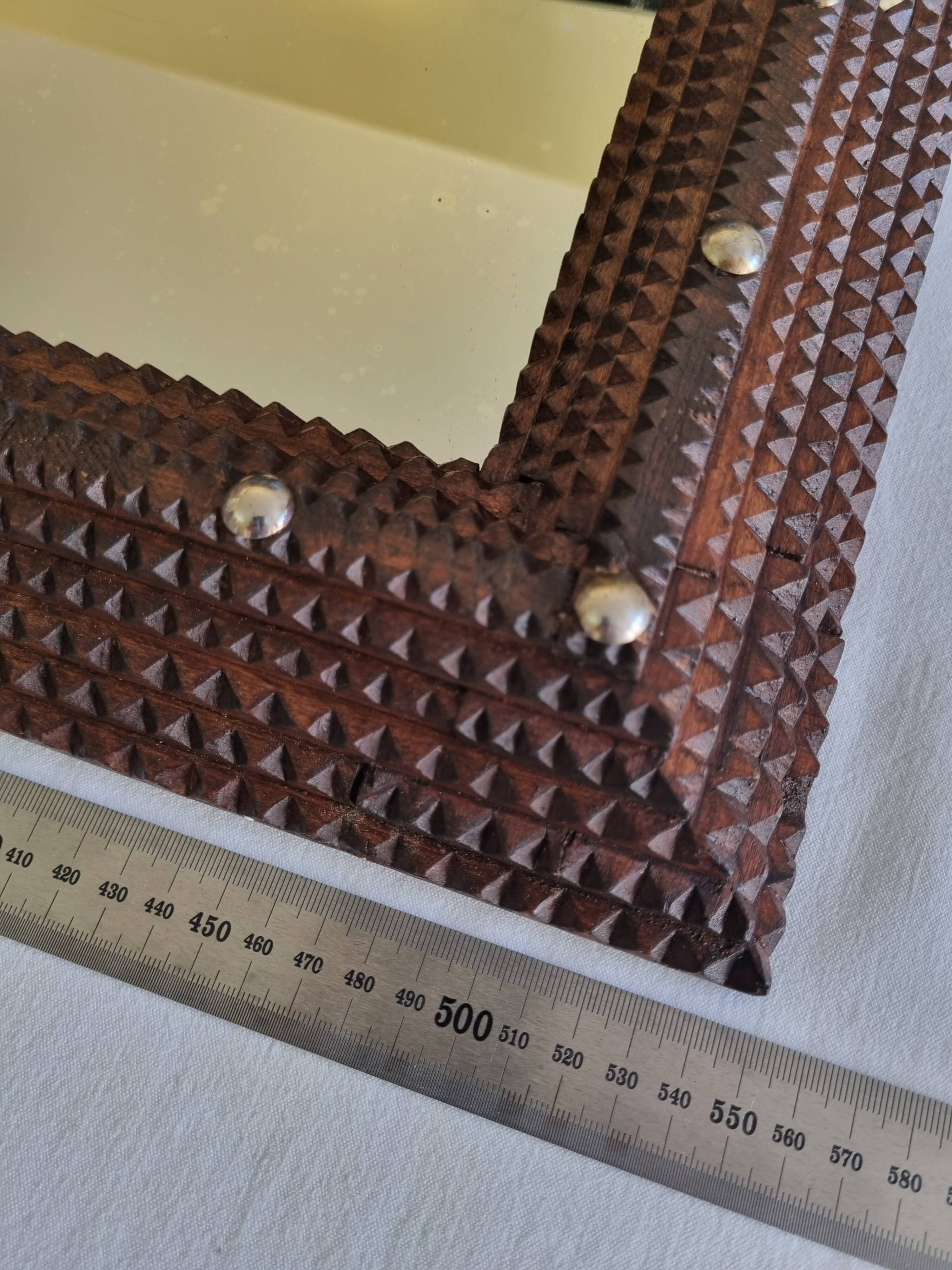 19th century Tramp Art mirror in hand-carved wood, original glass 69 x 50 cm