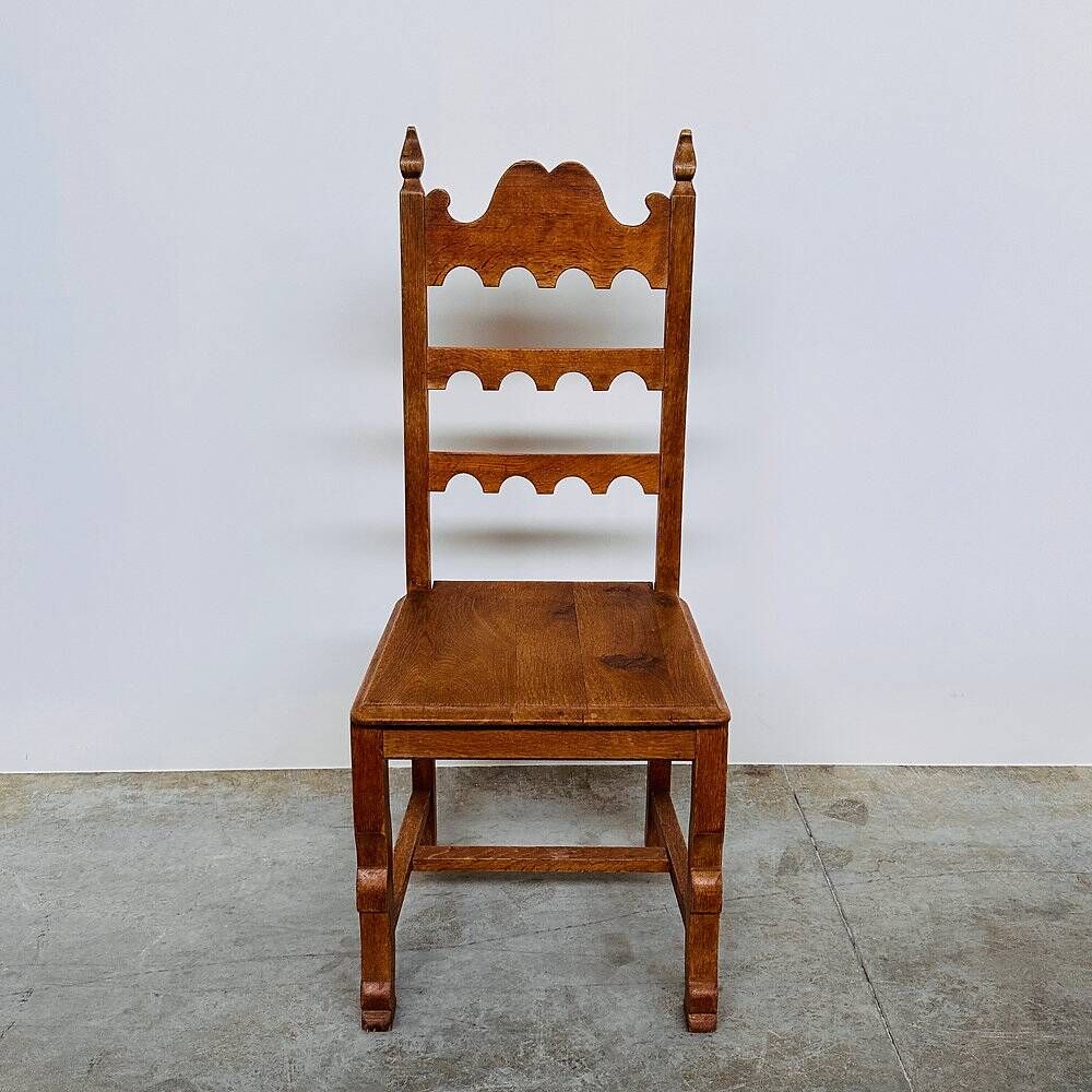 Set of 6 vintage solid oak high-back dining chairs – rustic European / Spanish revival