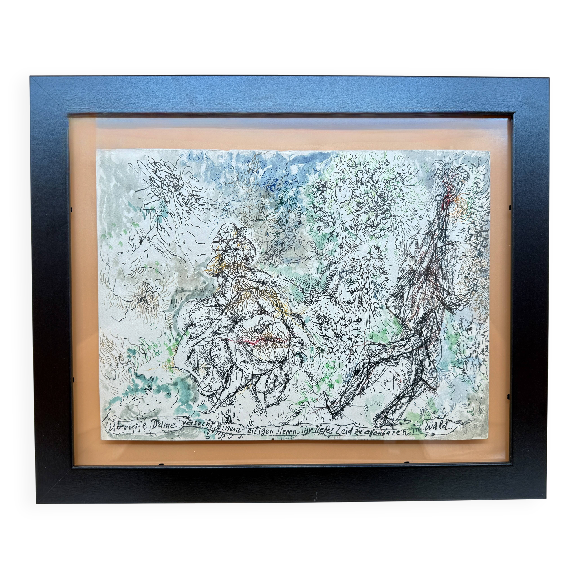 Wolfgang Felber – Figurative Drawing, Ink, Double Glass Frame