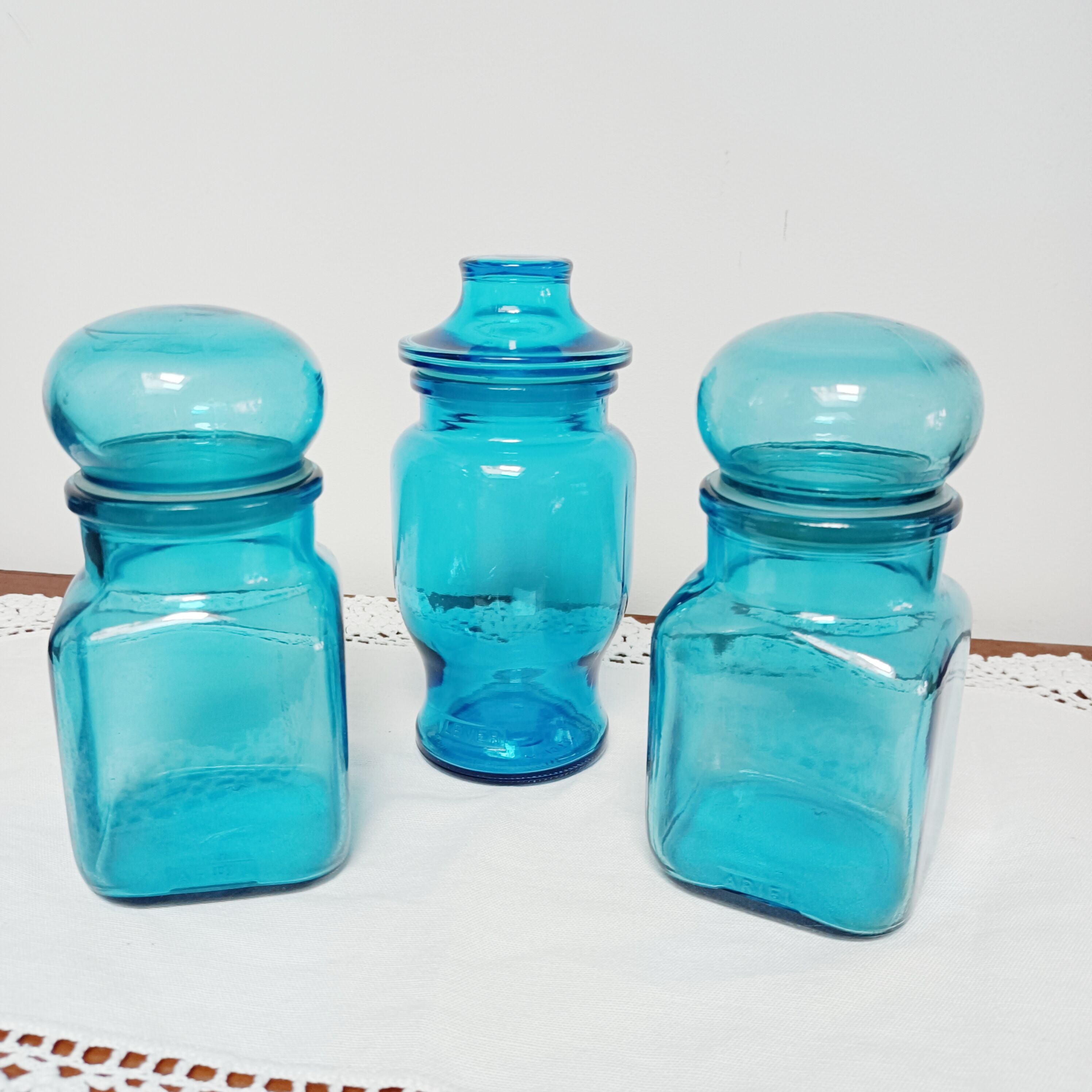 Set of 3 blue glass apothecary jars