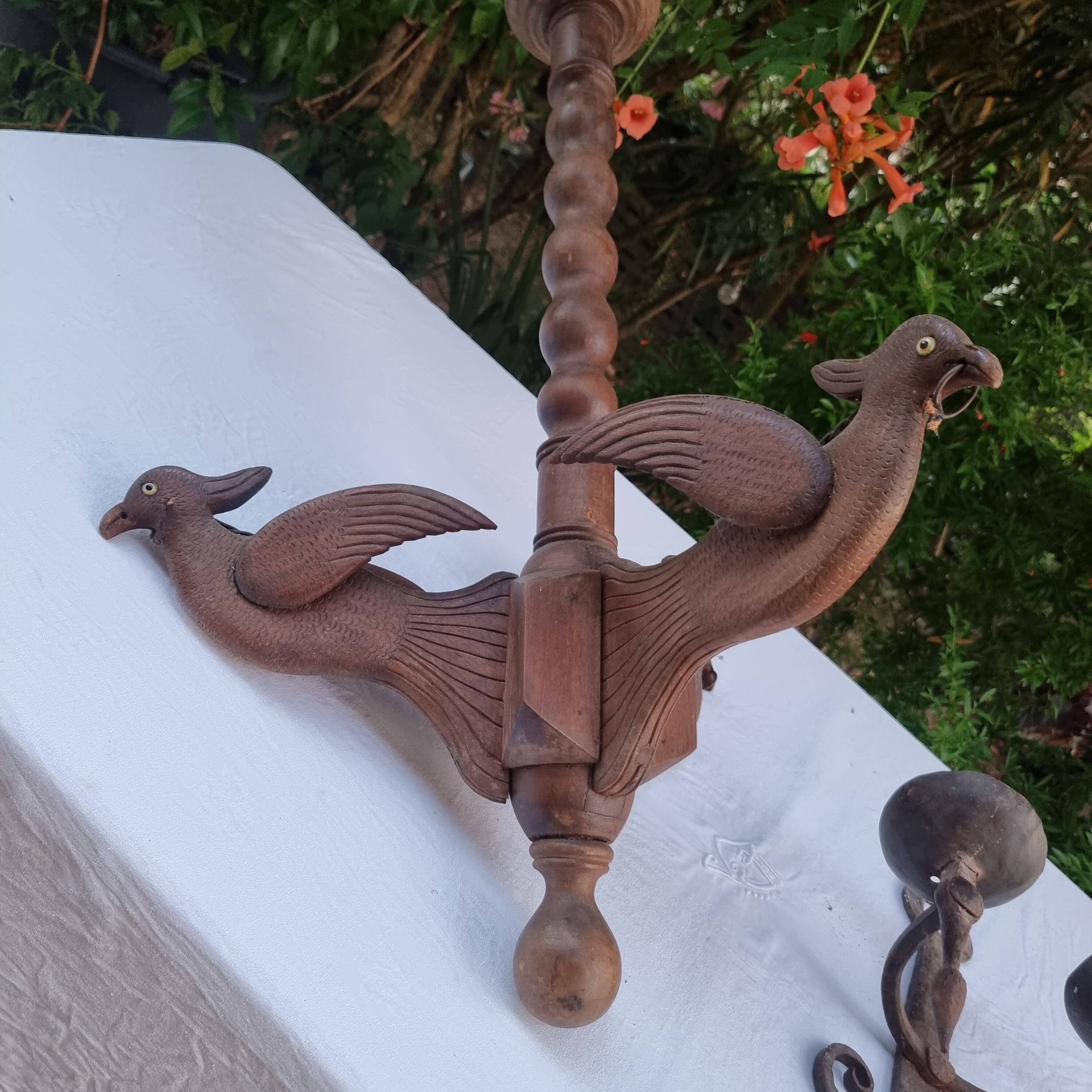 Antique lamp or candlestick, hand-carved, turned wood, Renaissance style