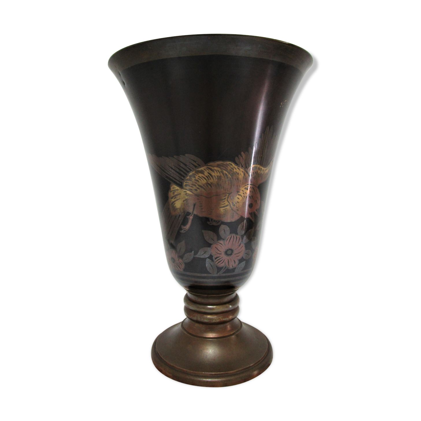 Lampe vasque art déco métal et marbre signée a.ducobu décor fleurs oiseau