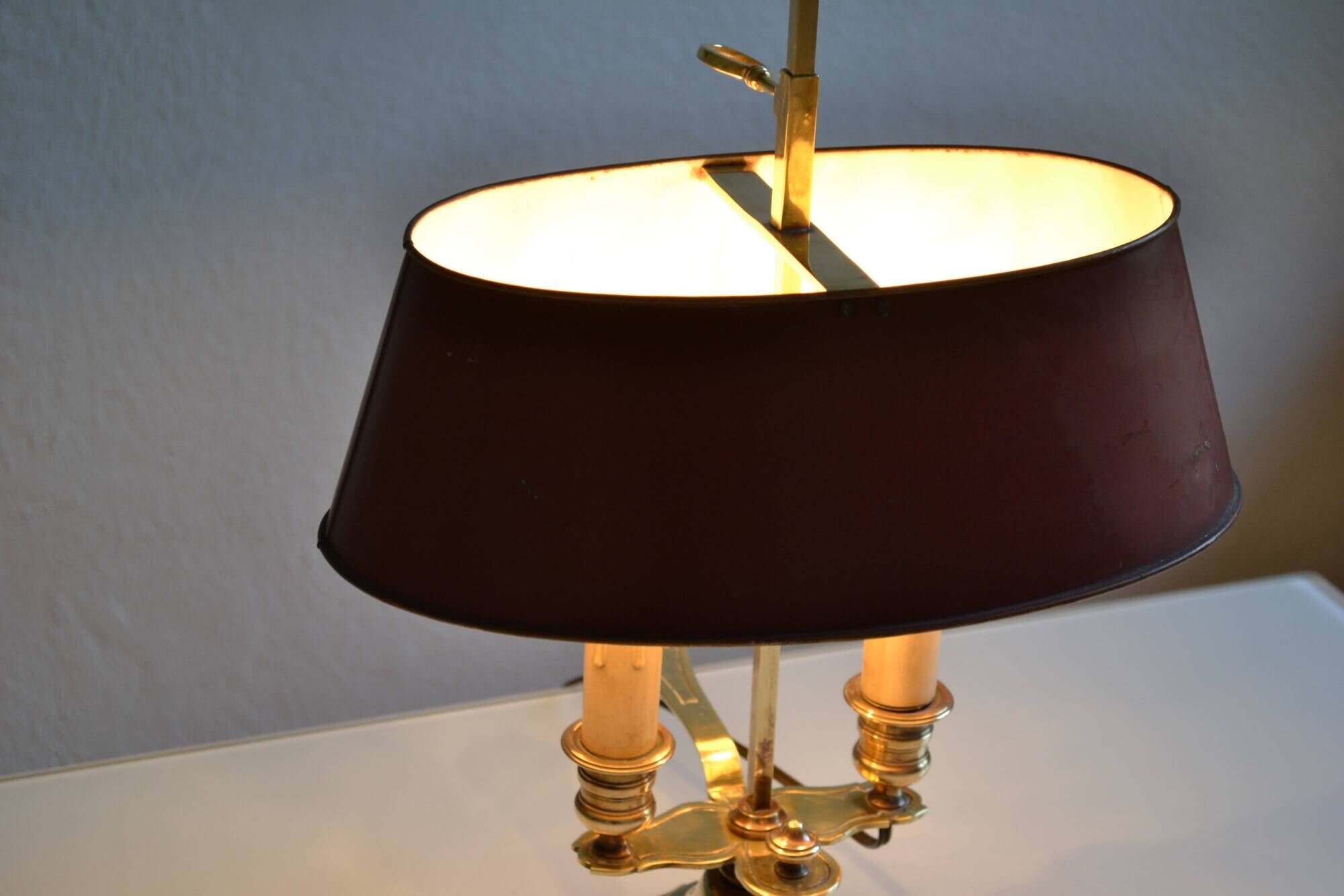 hot water bottle lamp with 2 bronze lights and burgundy sheet metal lampshade