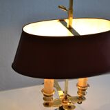 hot water bottle lamp with 2 bronze lights and burgundy sheet metal lampshade