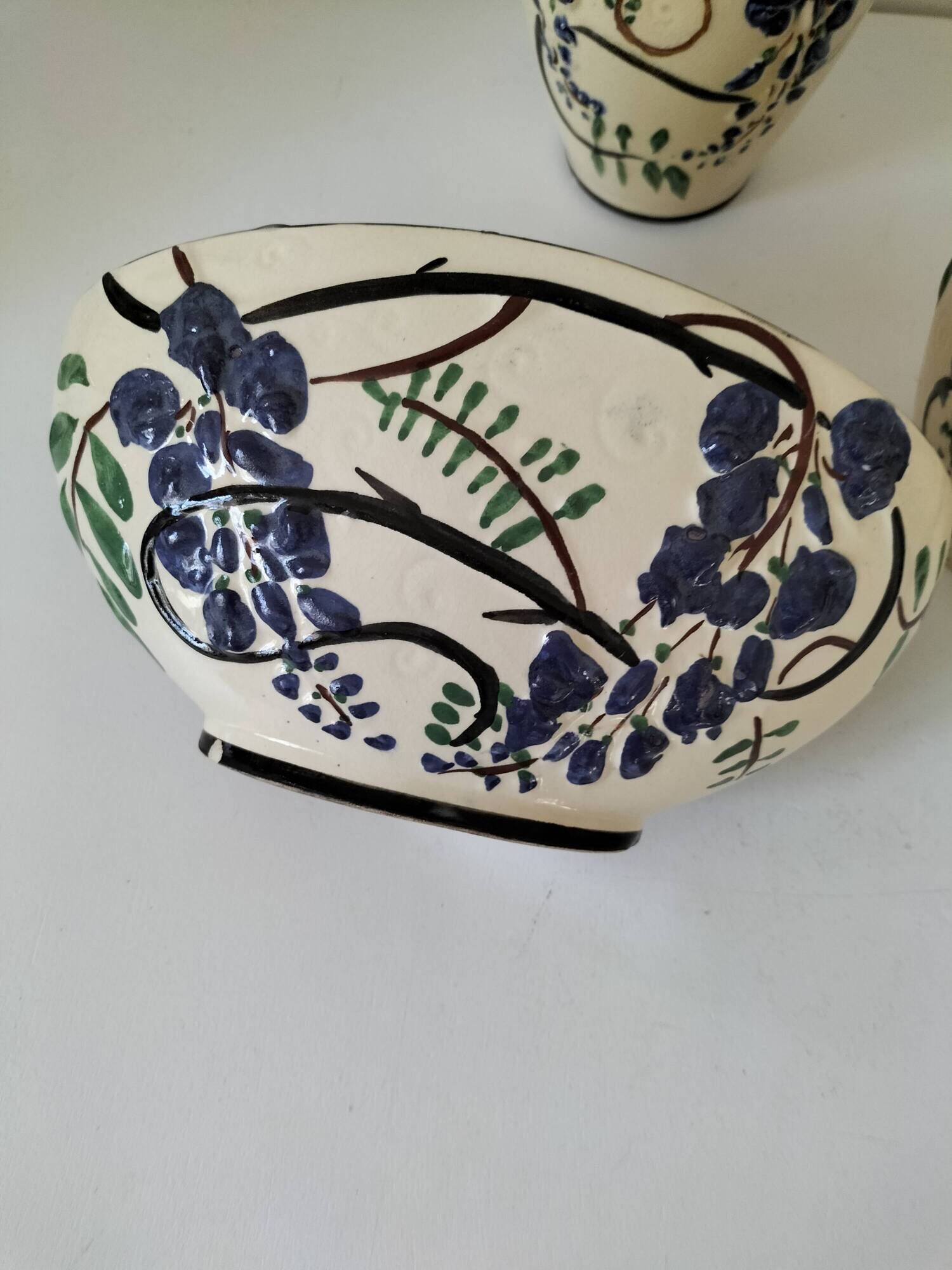 Poët-Laval Trio “Wisteria” – 2 vases no. 721 & boat planter no. 729