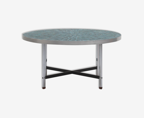 Table basse en céramique ronde azur des années 1960