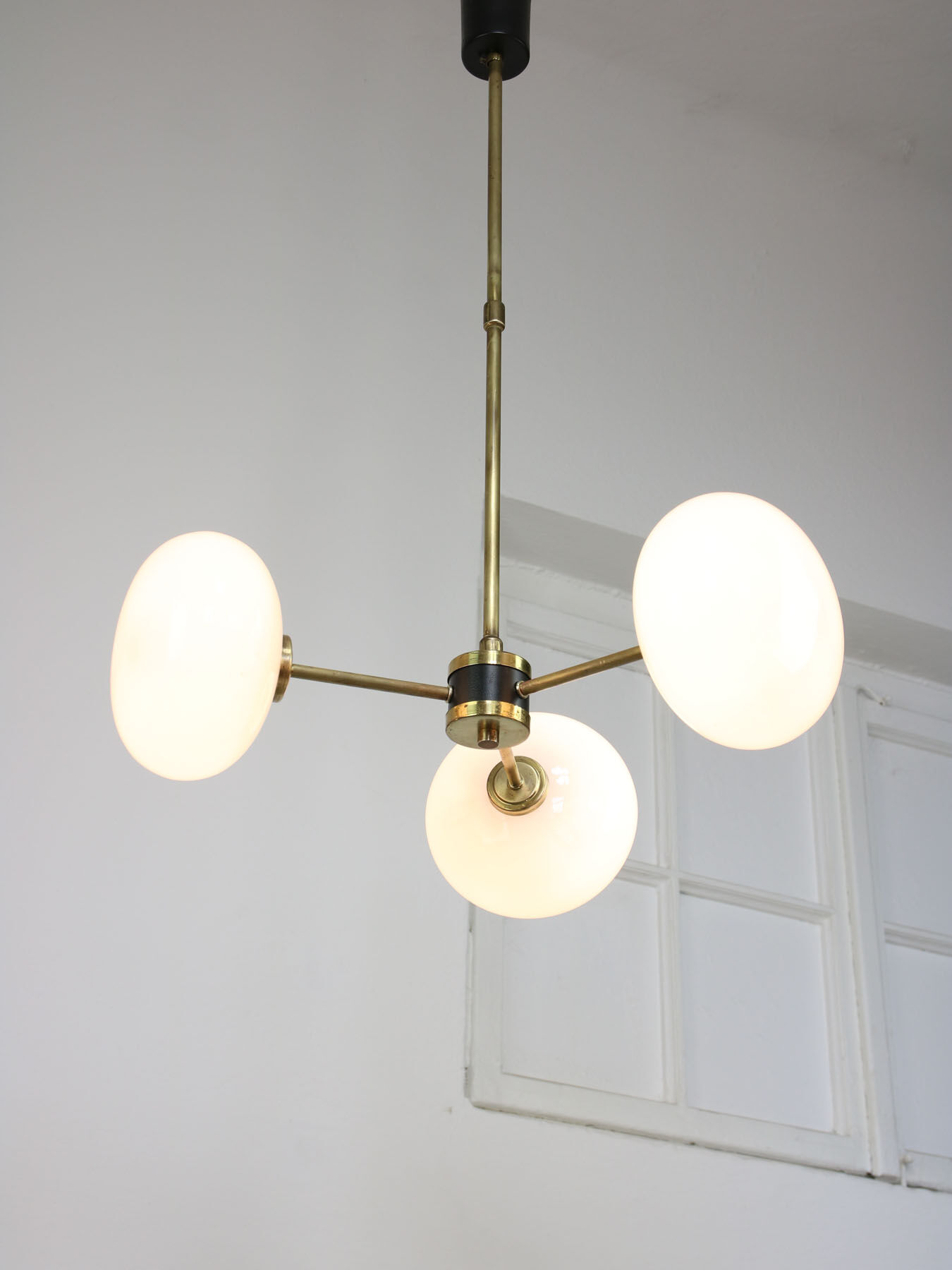 Mid-century brass and opaline glass chandelier