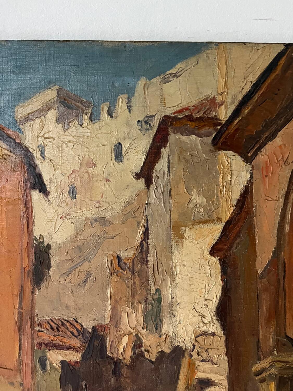 Scène de rue devant château, huile sur toile