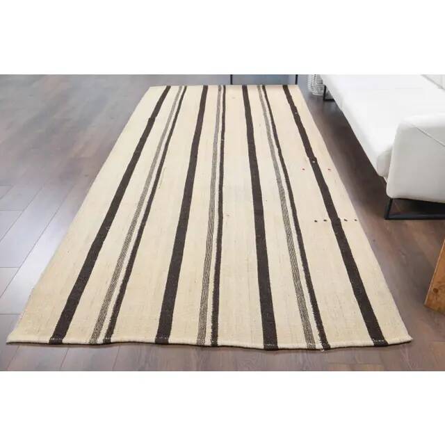 Vintage Turkish Hand-Knotted Wool Cotton Beige Kilim Area Rug 155x330