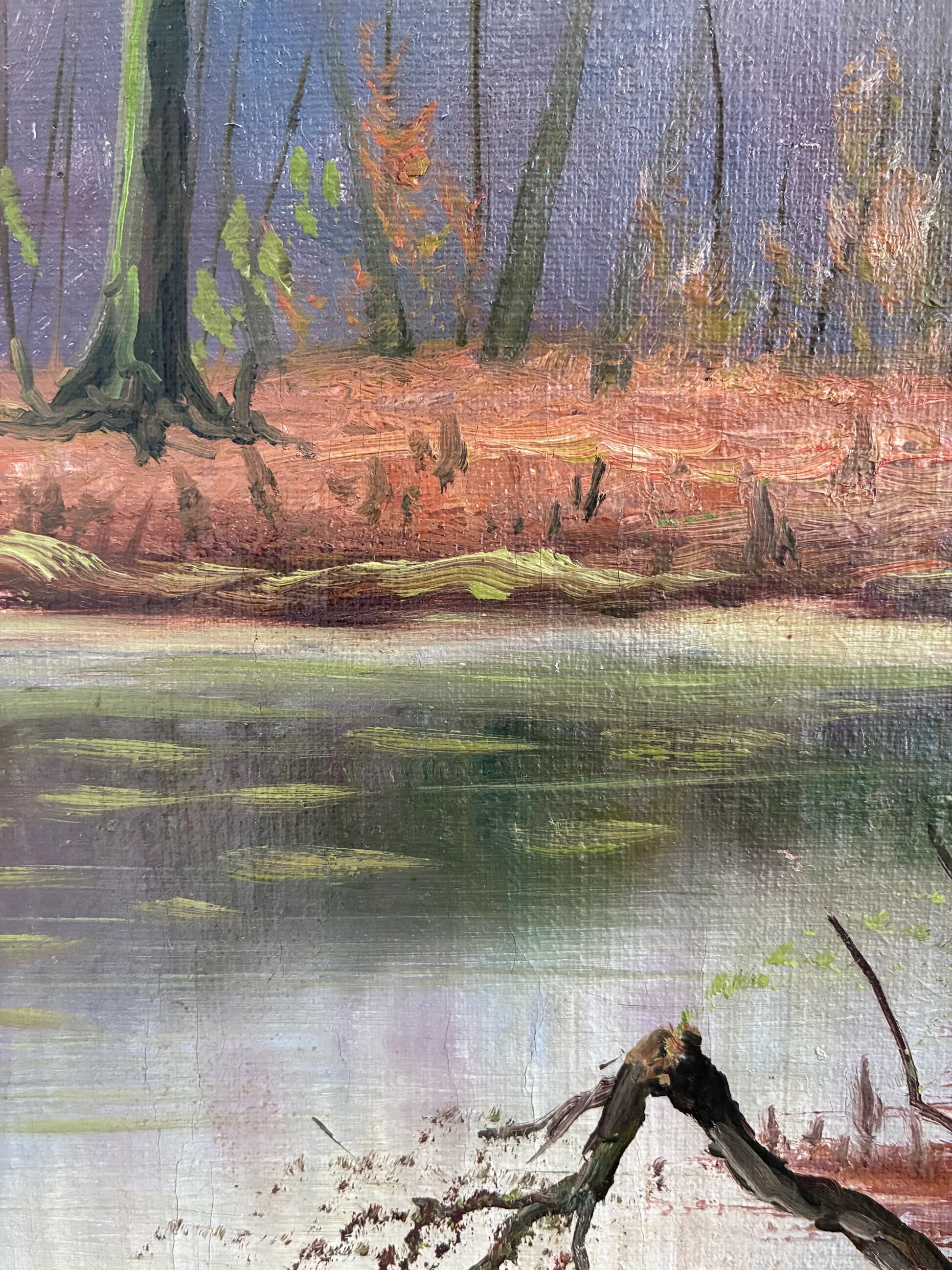 Vintage original forest landscape oil painting, circa 1960s