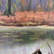 Vintage original forest landscape oil painting, circa 1960s
