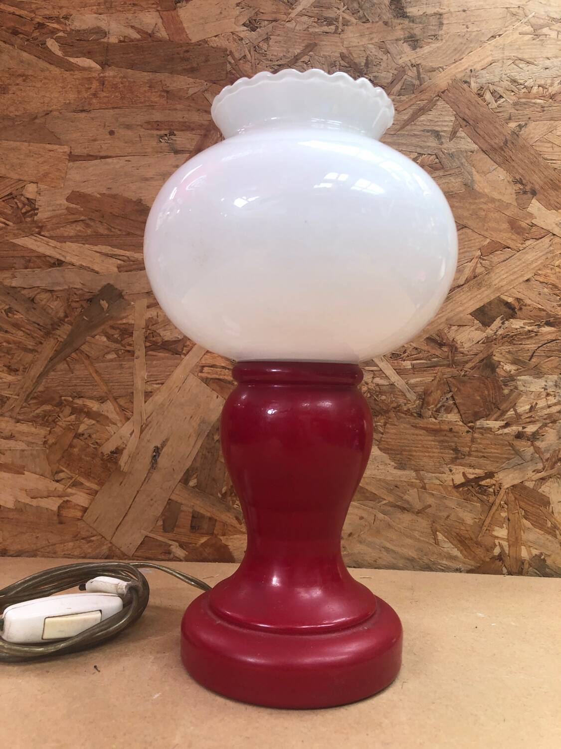 Pair of Old Red & White Opaline Bedside Lamps 1970s Vintage #A982