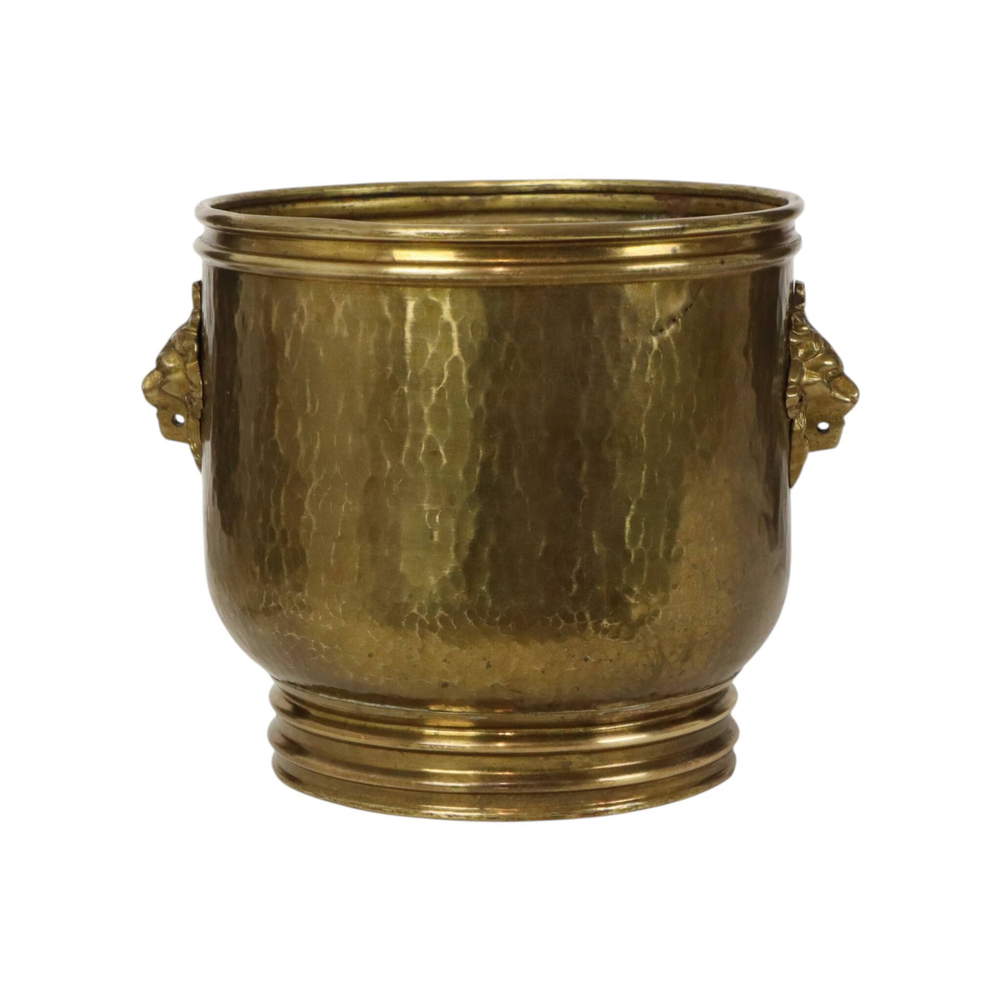 Large Hammered Brass Jardinière/Planter with Lion Heads