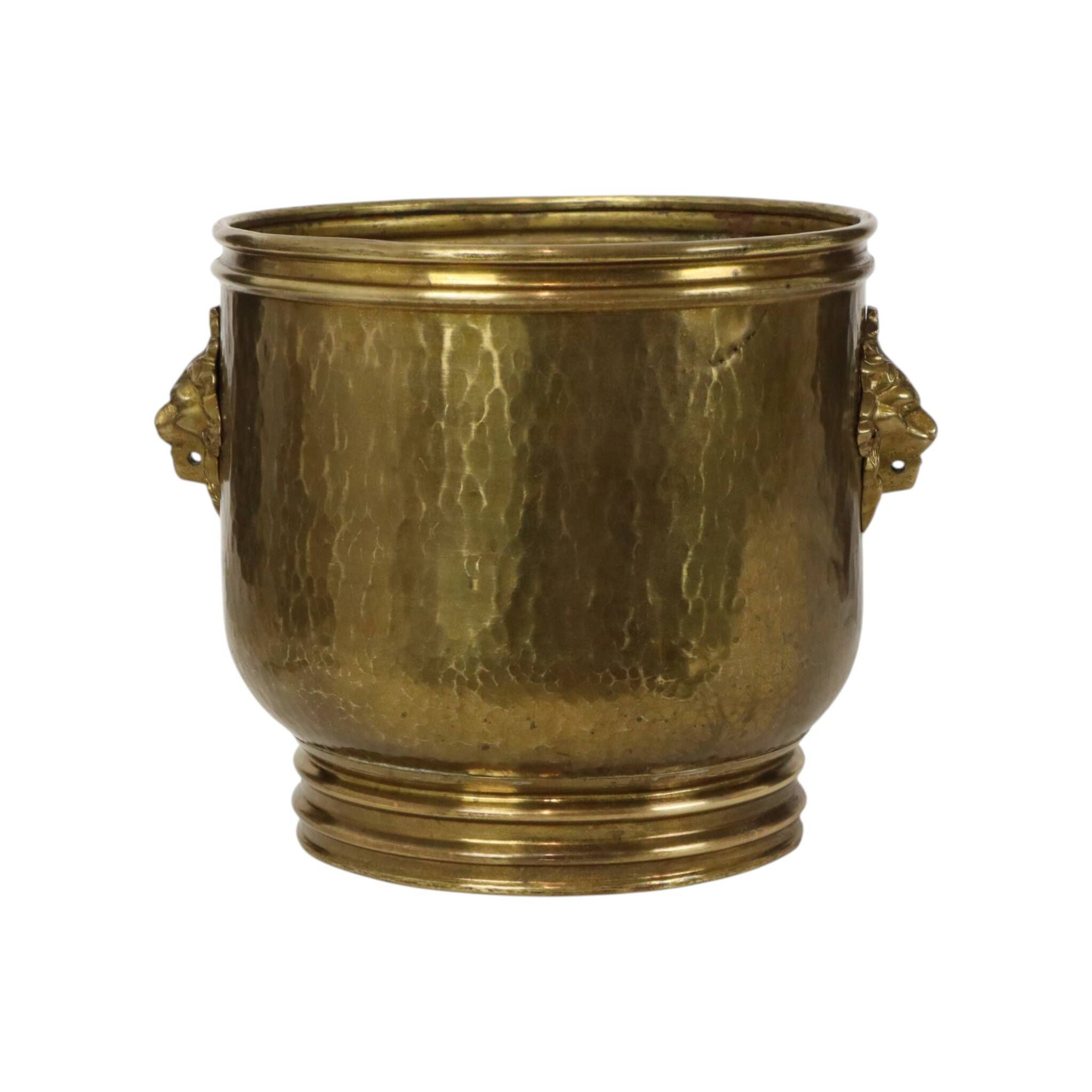Large Hammered Brass Jardinière/Planter with Lion Heads