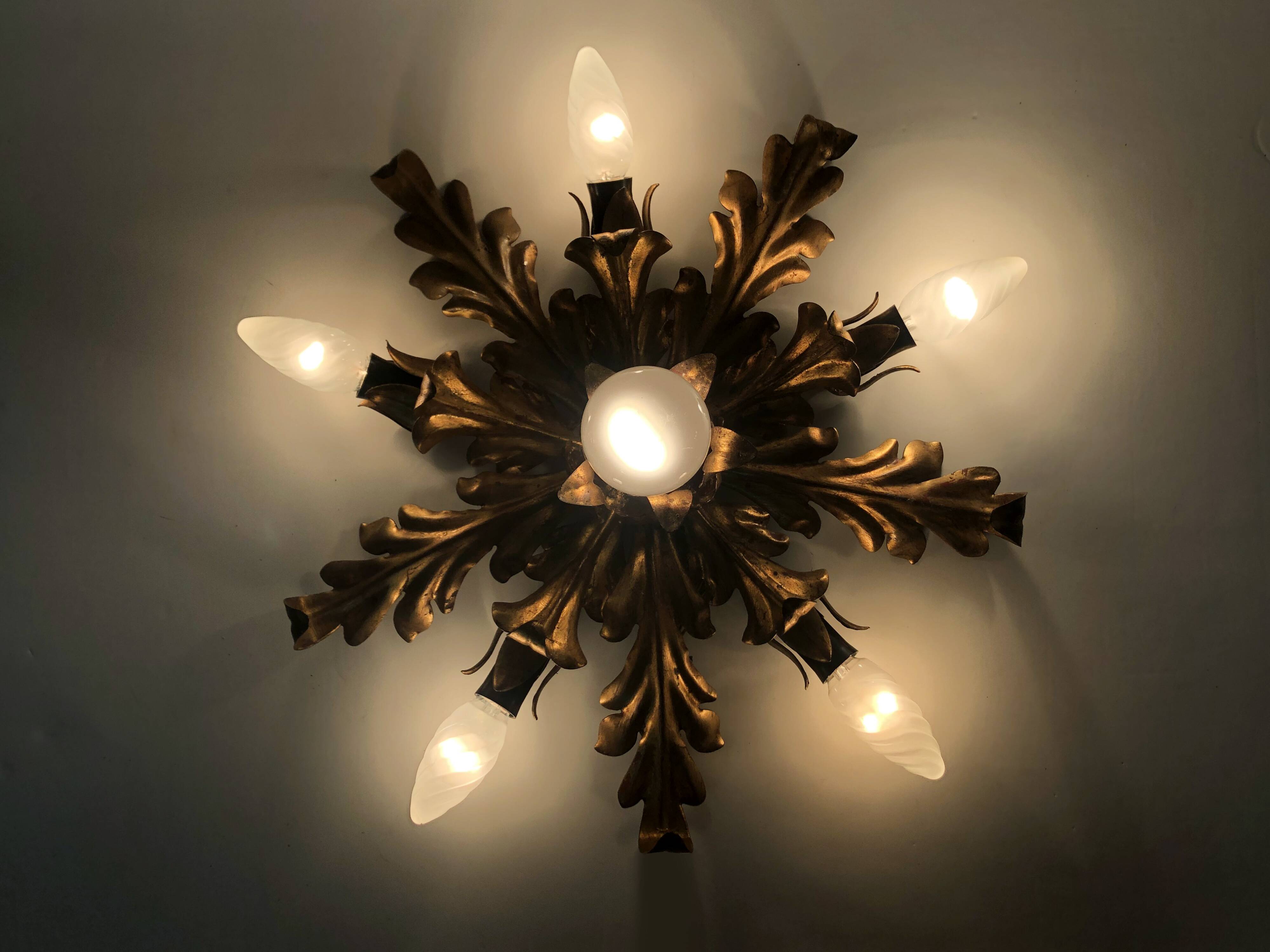6-light golden leaf foliage ceiling light by Li Puma Firenze, Italy, 1960s