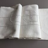 Old linen sheet embroidered with ecru-beige colors with monogram