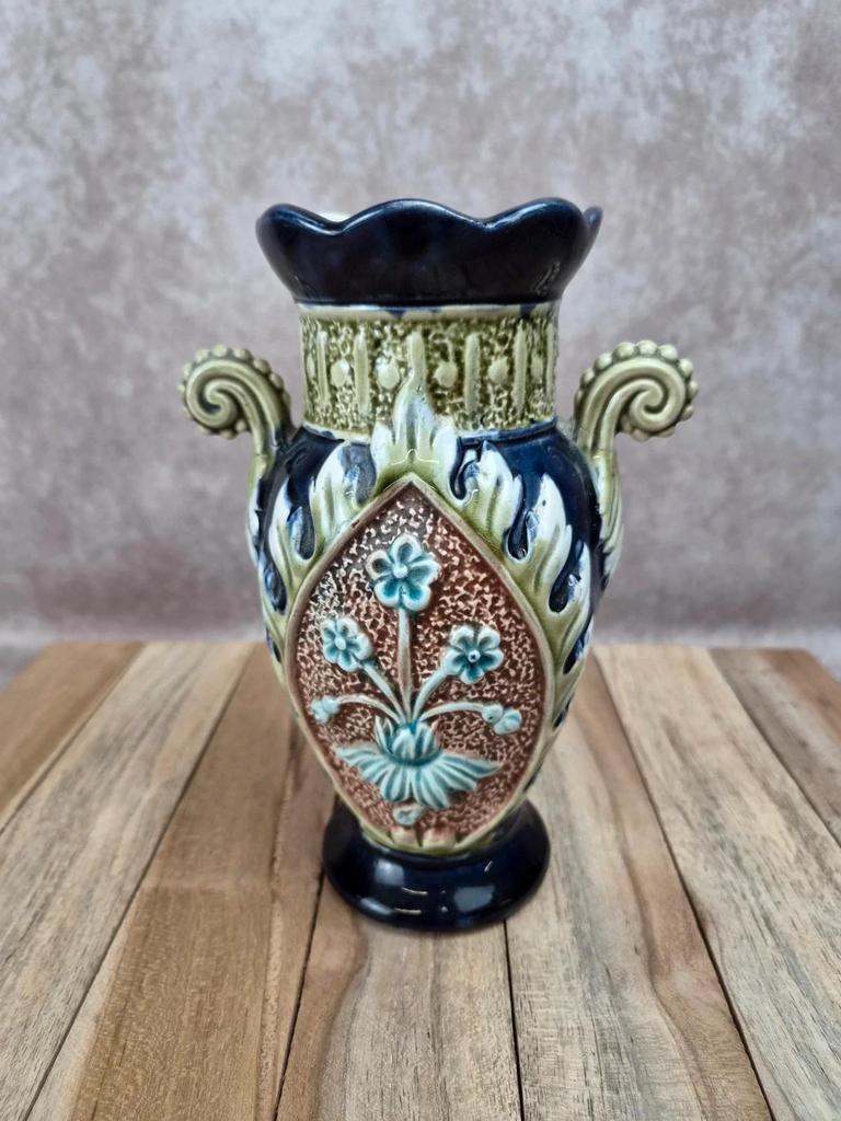 Gustave De Bruyne barbotine vase Fives Lille with an old floral decoration and stylised handles.