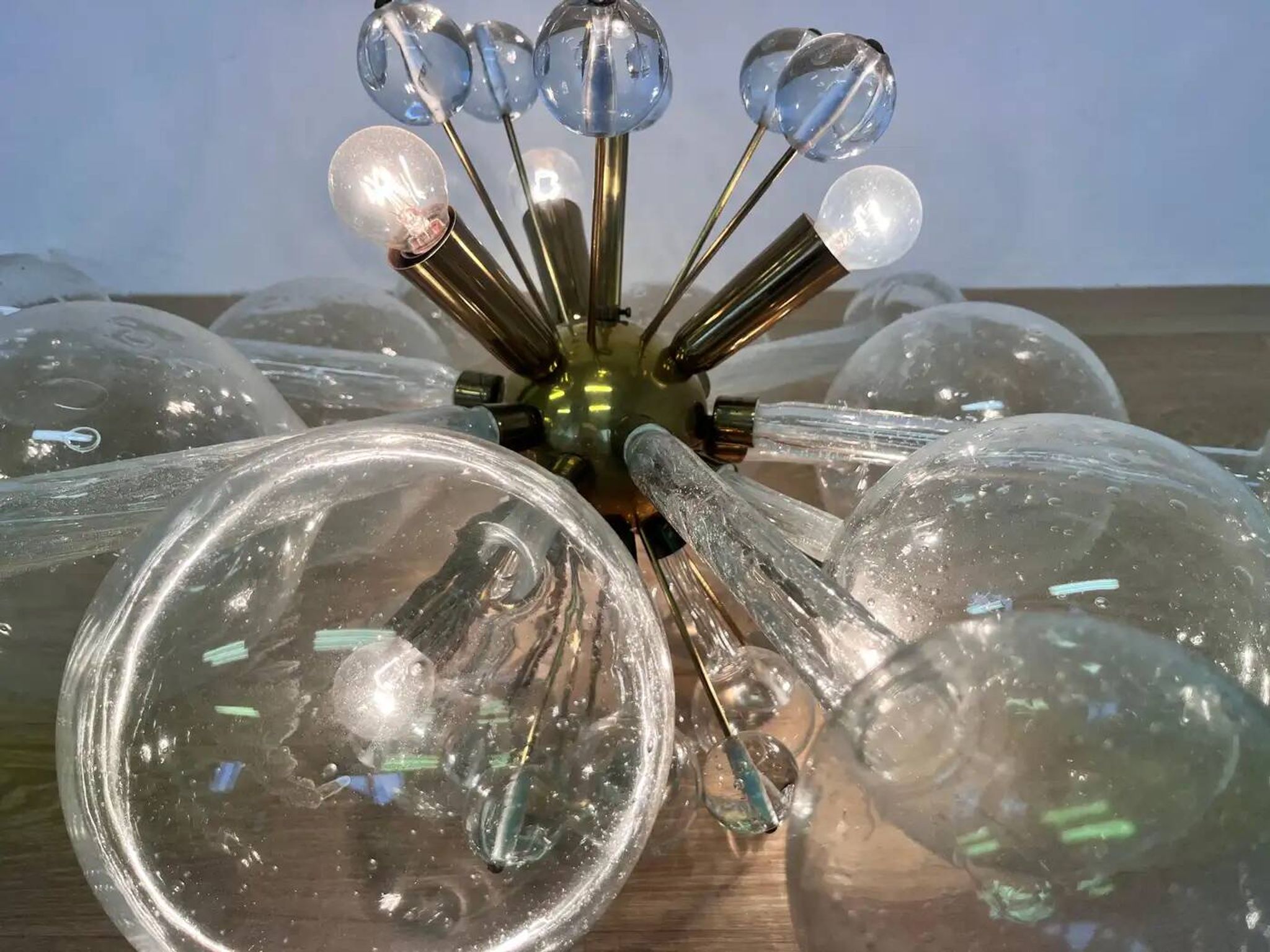 Design art glass and brass chandelier by Rene Roubicek, Czechoslovakia, 1960s