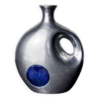 Biomorphic vase by Art3, aluminum and blue glazed ceramic, Spain, 1980