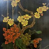 Cabinet vintage noir en laque chinoise avec fleurs et oiseaux / bohème