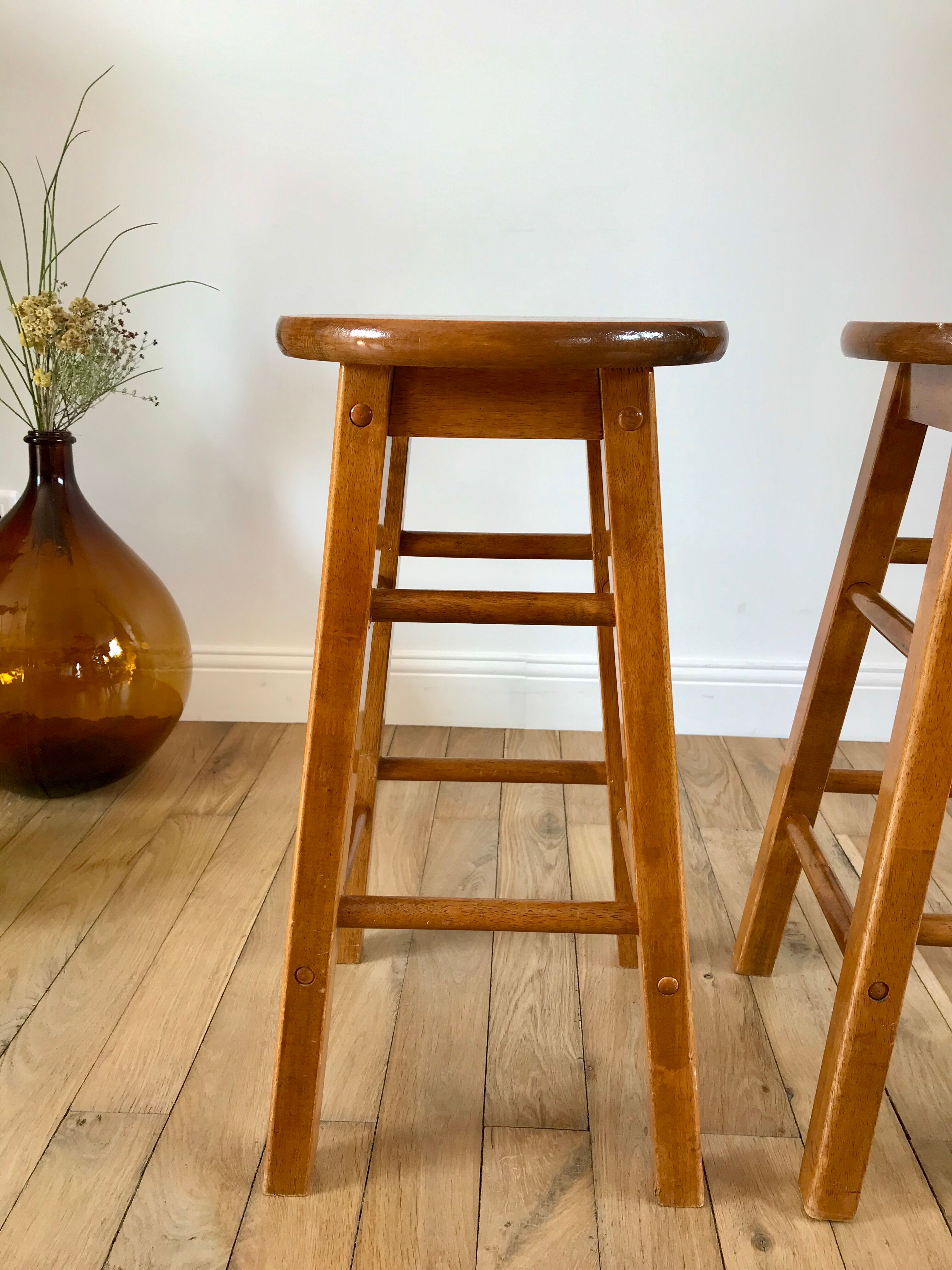 Pair of high stools / bar varnished wood 60-70s