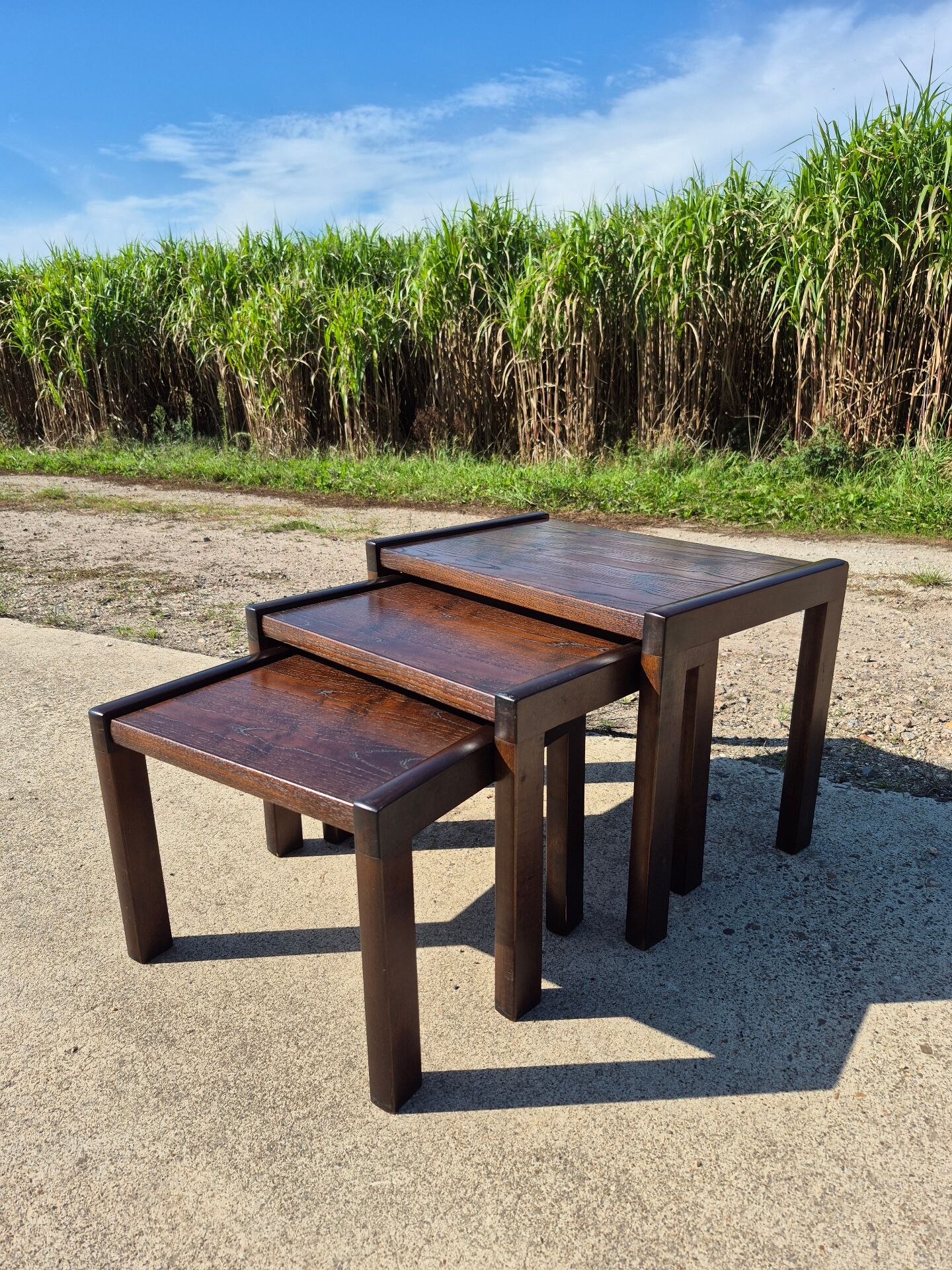 Set 3 vintage dark wooden nesting tables 1970s brutalist