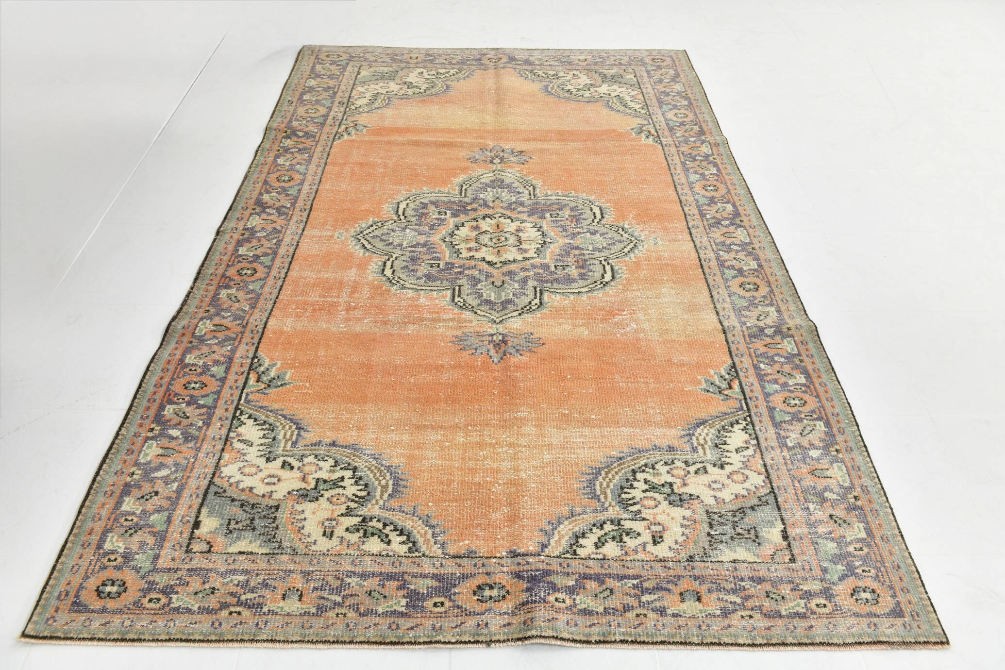 6x9 Antique Vintage Orange & Greeb Turkish Rug, 182x286Cm