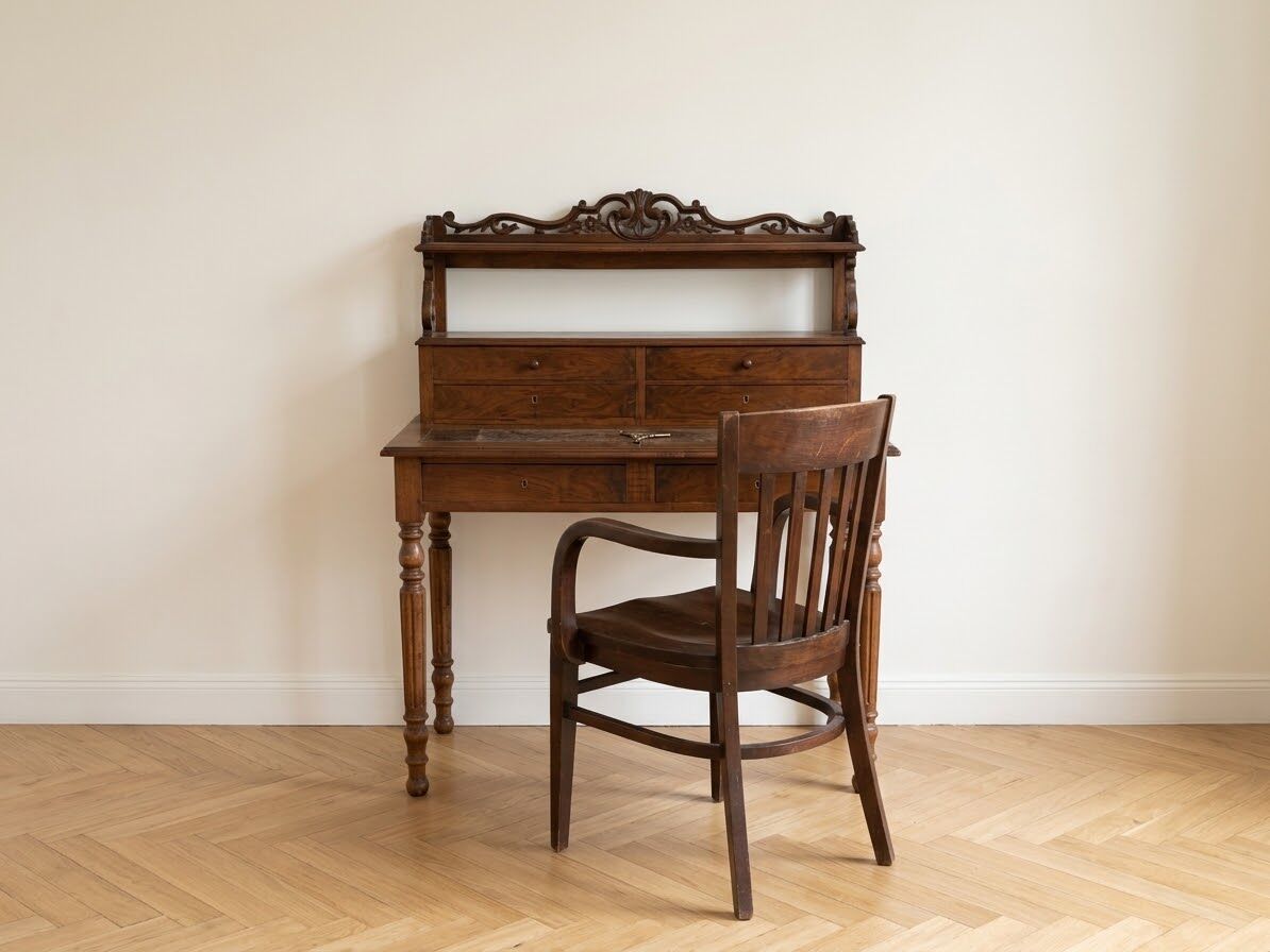 Old wooden tiered desk and its matching chair.