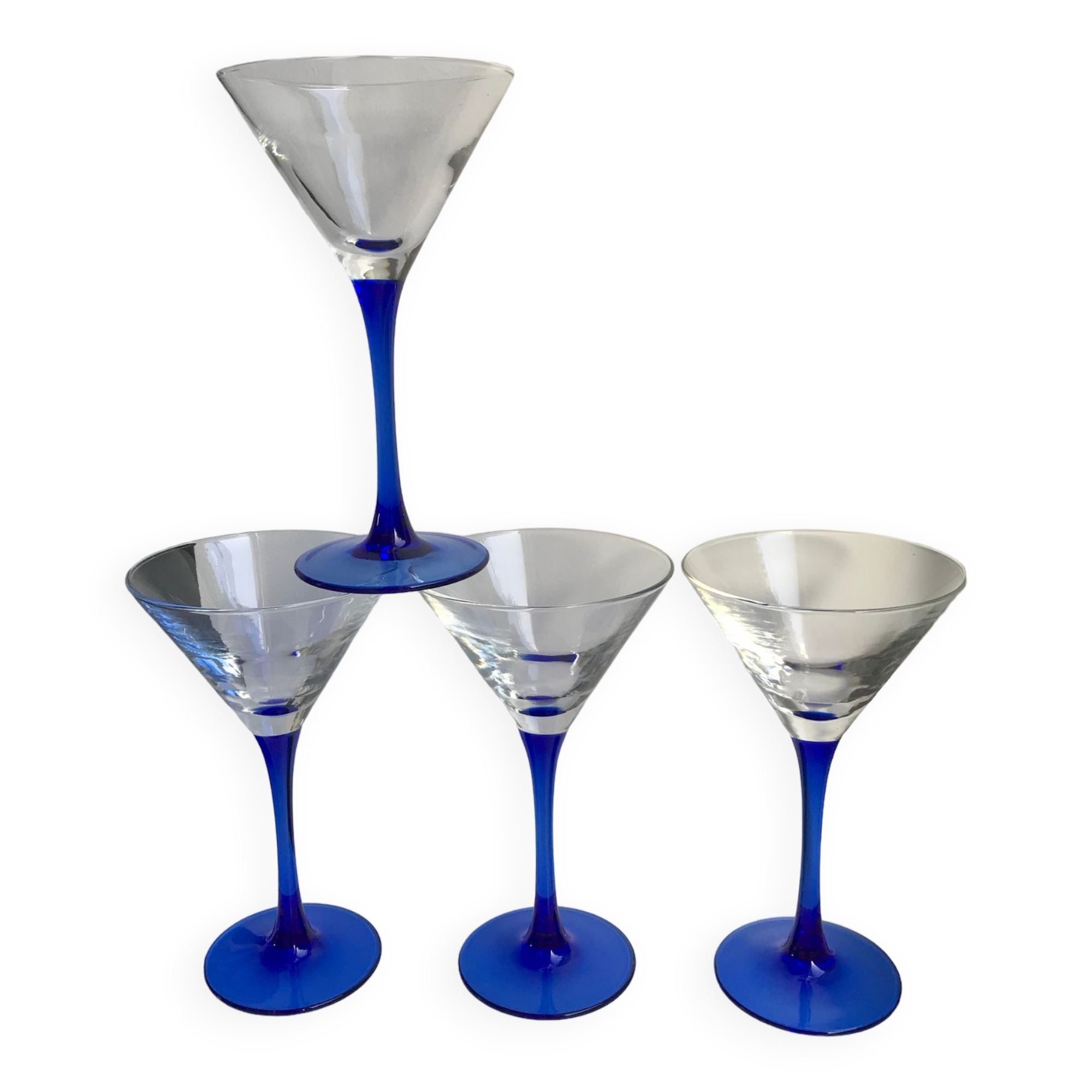 lot de 4 verres à cocktail / coupes à champagne à pieds bleu Fabriqués en France années 1970