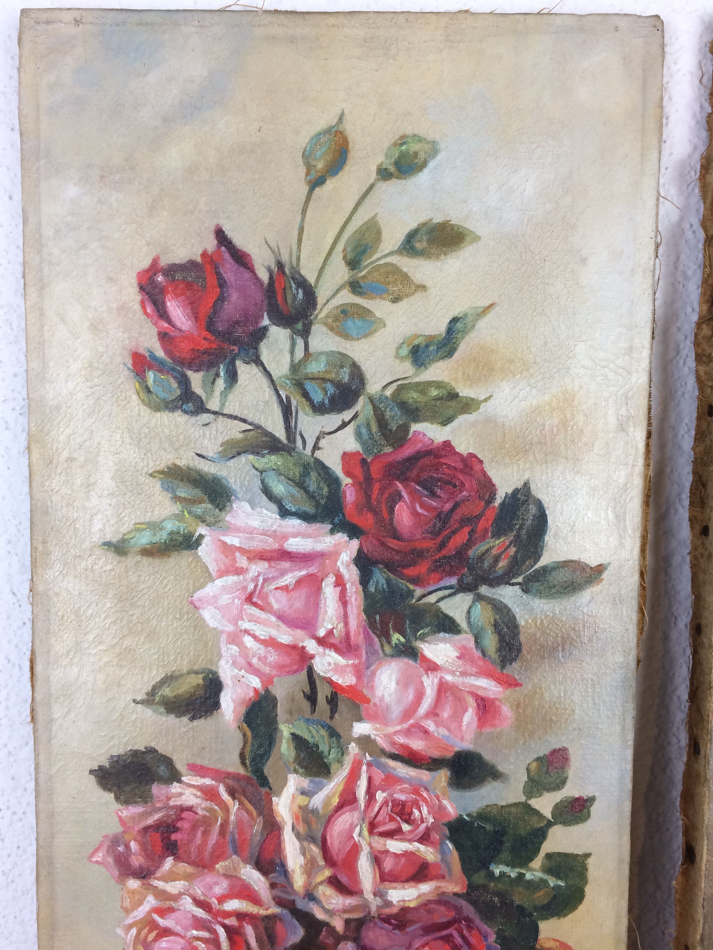 Suite of 2 old still lifes, painting on canvas, flowers