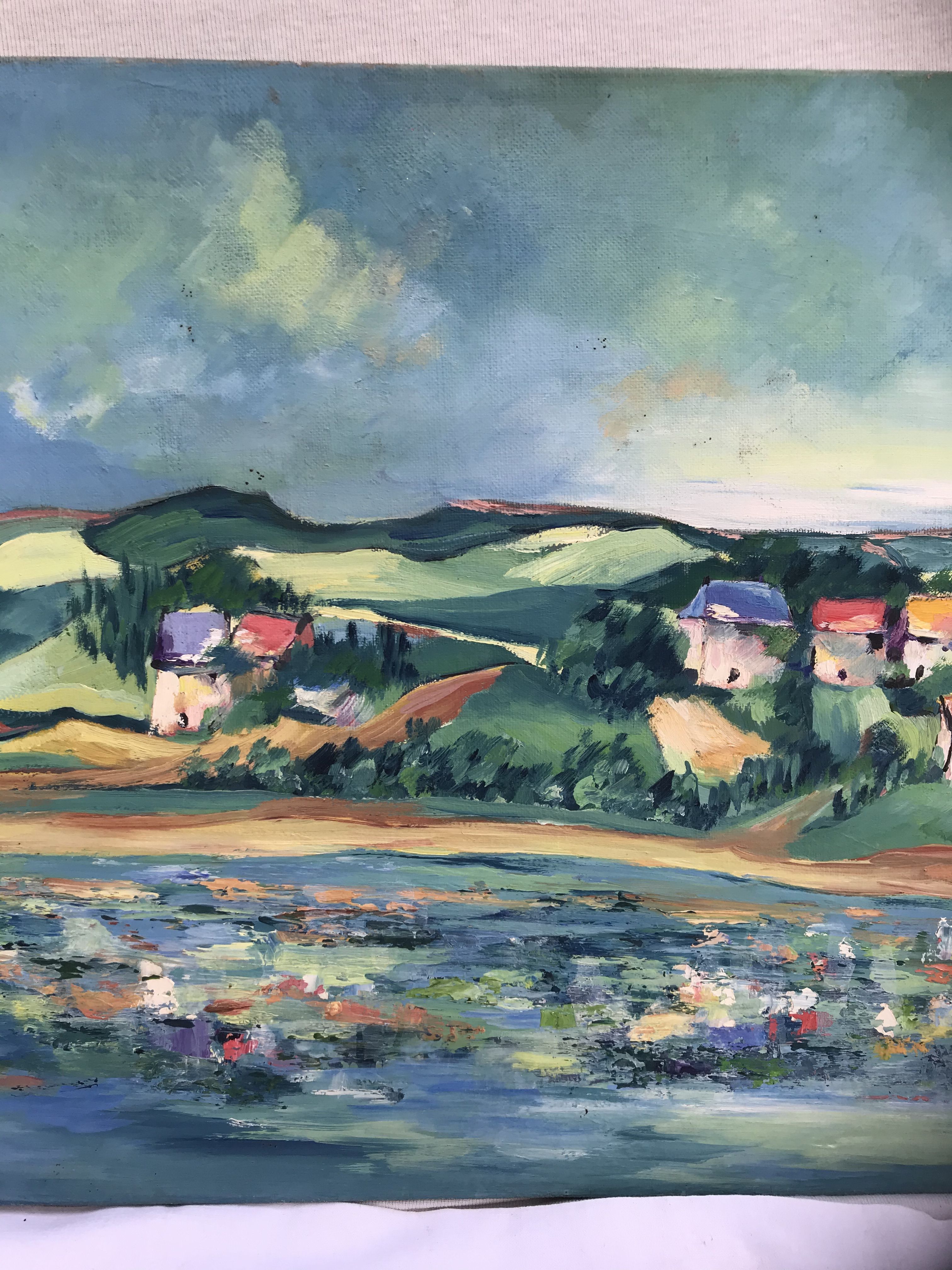 Painting painting oil on canvas Oechslin view village edge of vintage water