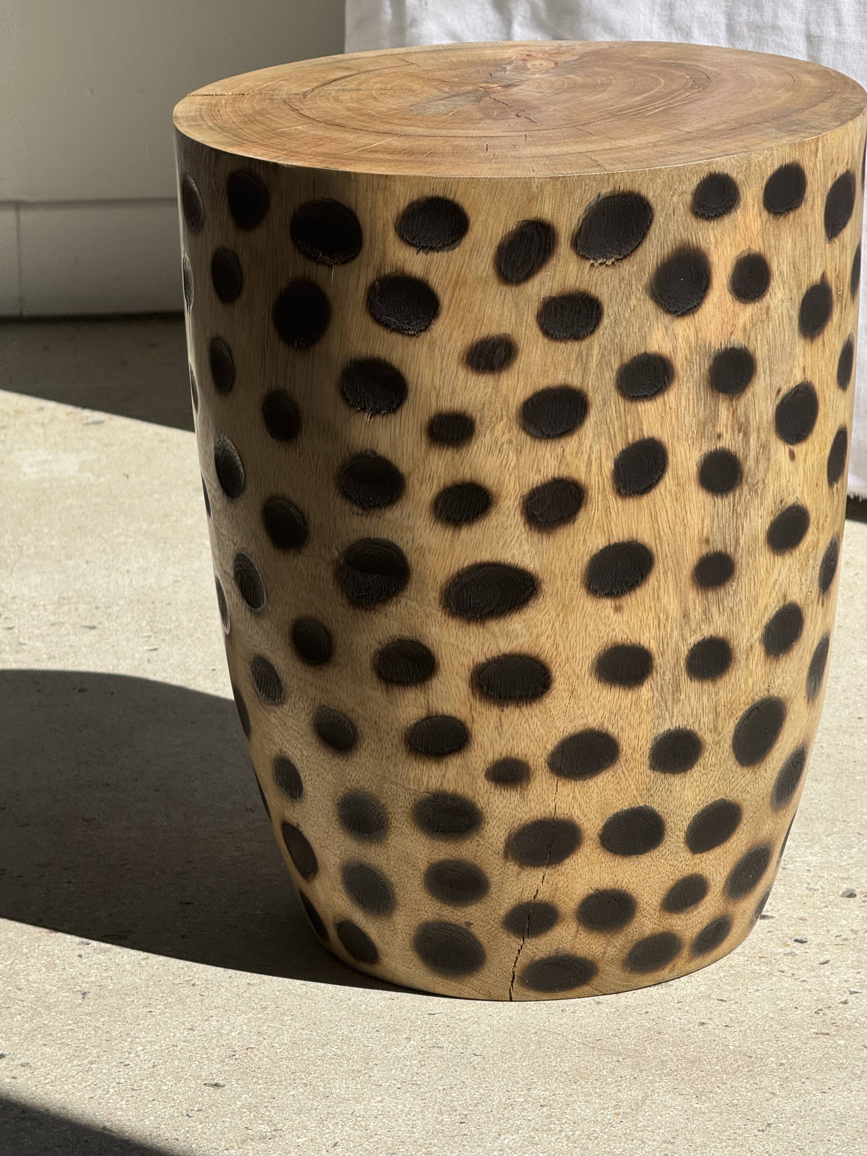 Stool, side table, cylindrical solid mango wood end table.