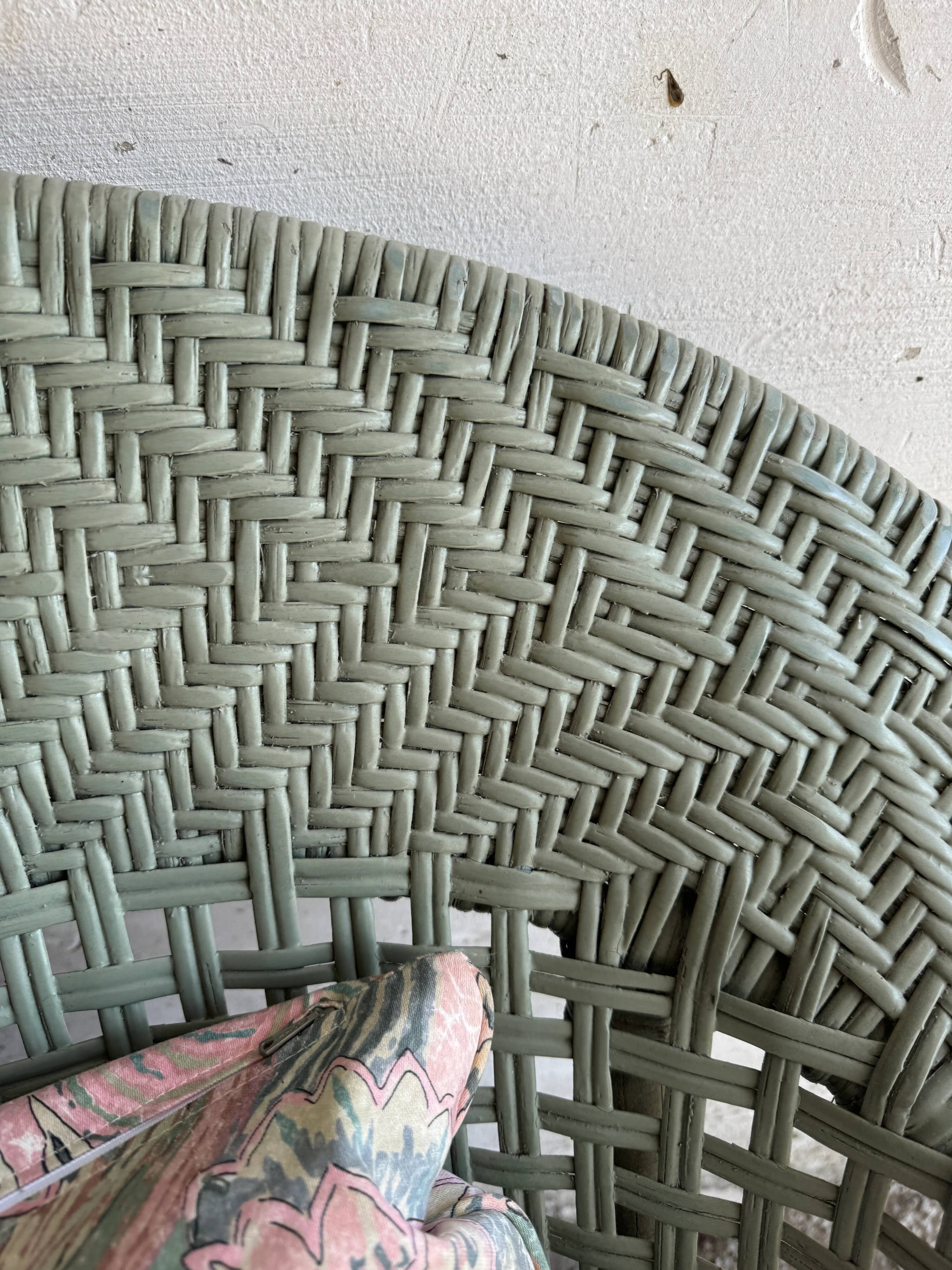 Mint Green Wicker Lounge Chair with Pastel Cotton Cushions — 1980s Coastal Revival