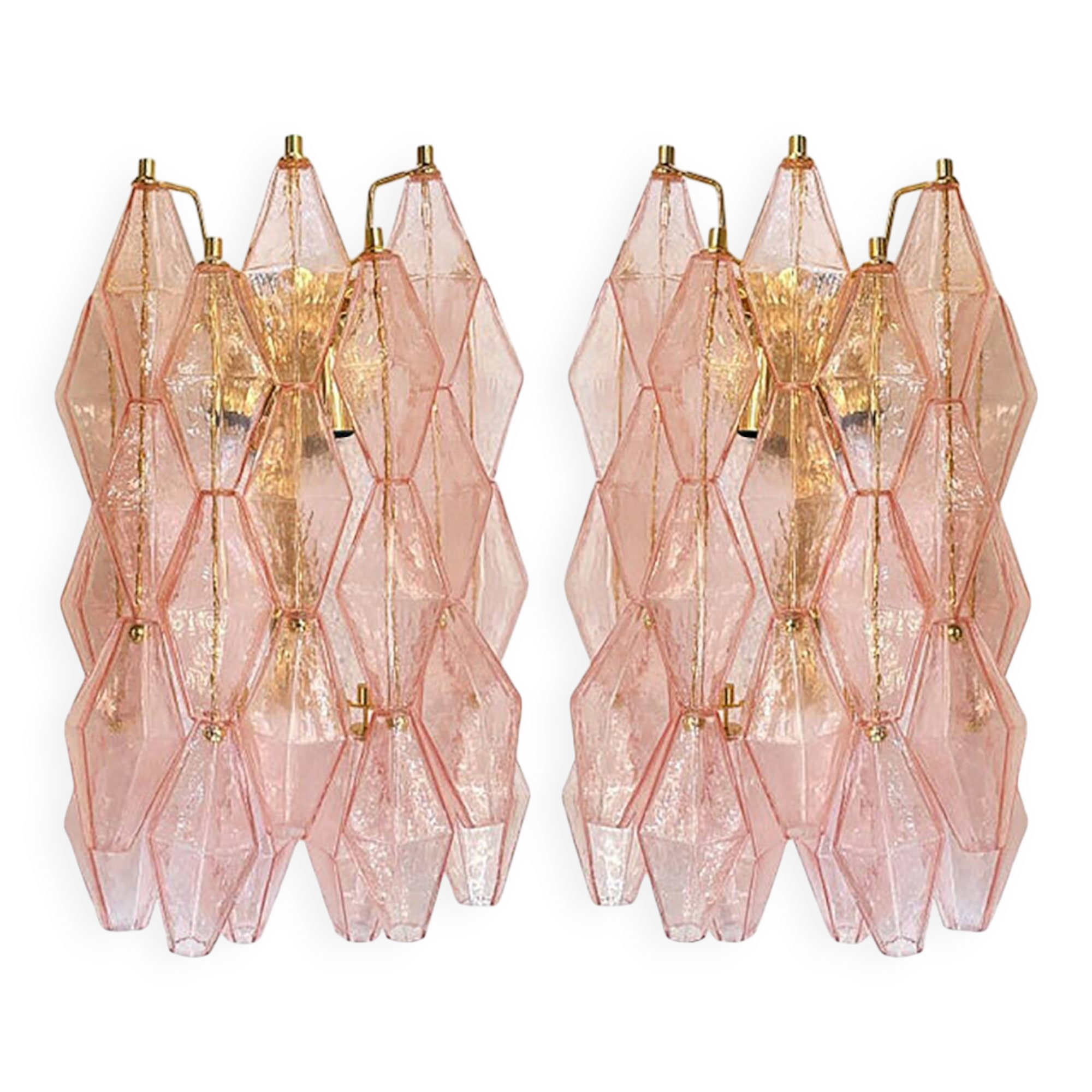 Set of Two Contemporary Pink “Poliedri” Murano Glass Gold 24k Wall Sconces
