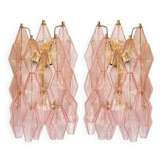 Set of Two Contemporary Pink “Poliedri” Murano Glass Gold 24k Wall Sconces