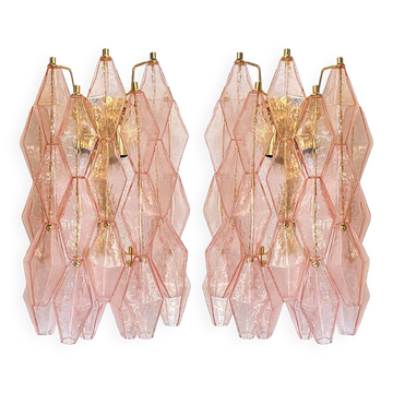 Set of Two Contemporary Pink “Poliedri” Murano Glass Gold 24k Wall Sconces