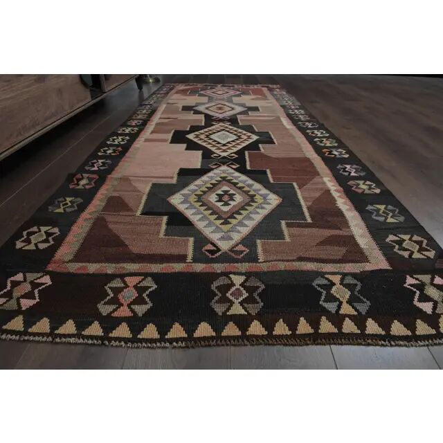 70's Brown Turkish Oushak Handmade Wool Geometric Motif Runner Rug 123x293