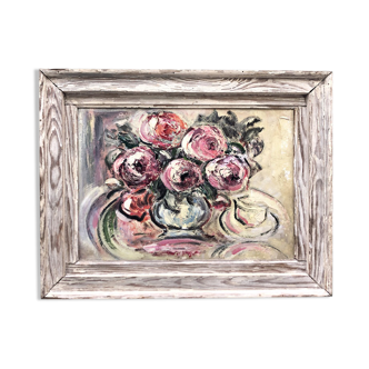 Old painting "Bouquet of pompom roses"