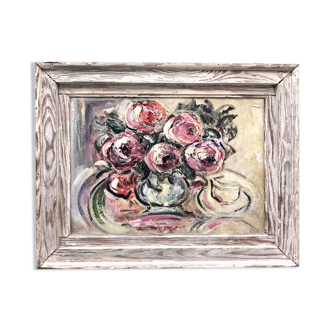 Tableau ancien "Bouquet de roses pompon"