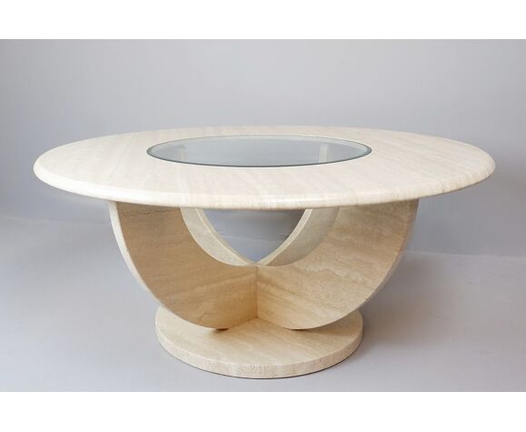 Round coffee table in travertine and glass | Selency