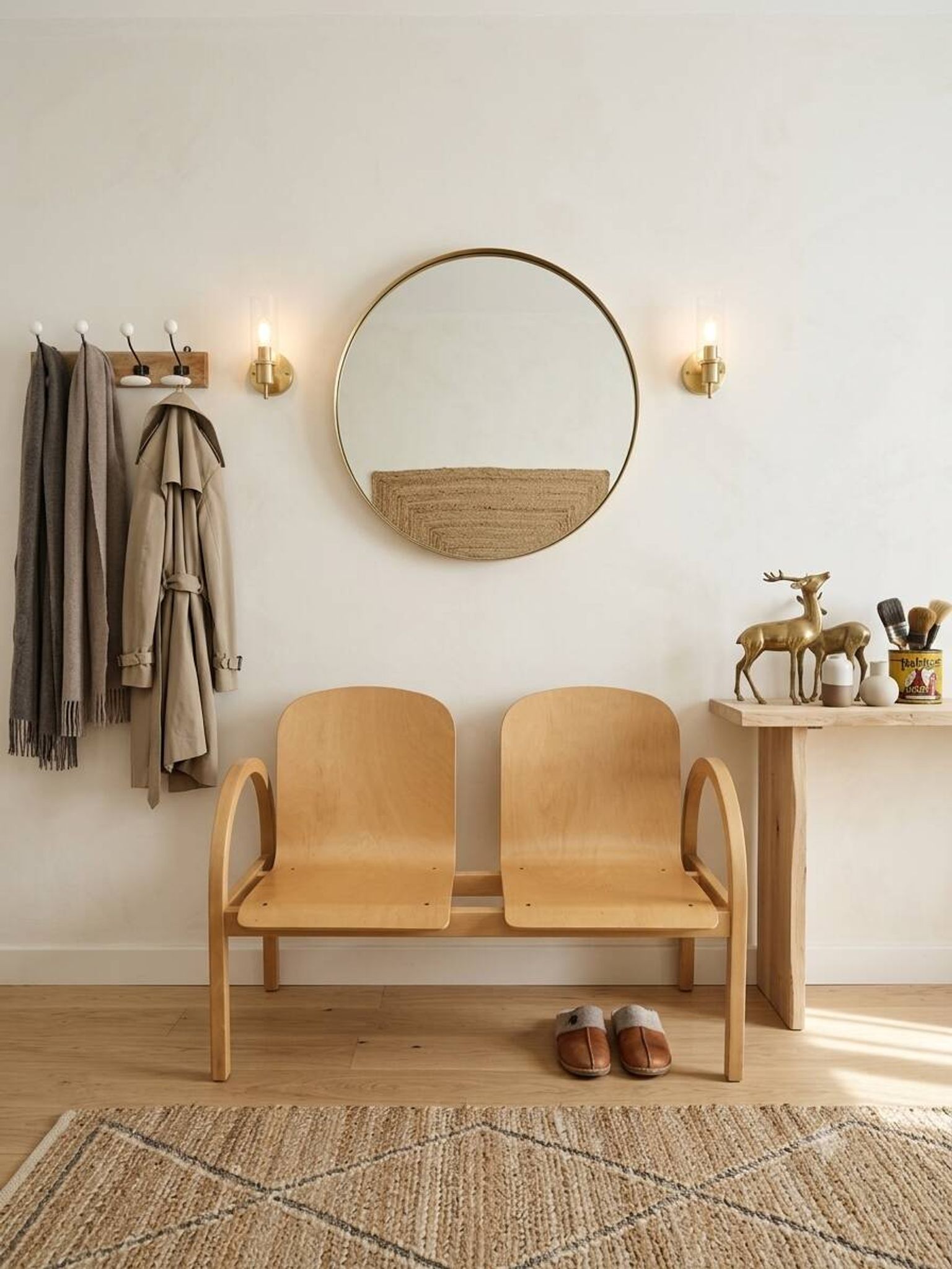 Vintage blonde wood two-seater bench by Baumann