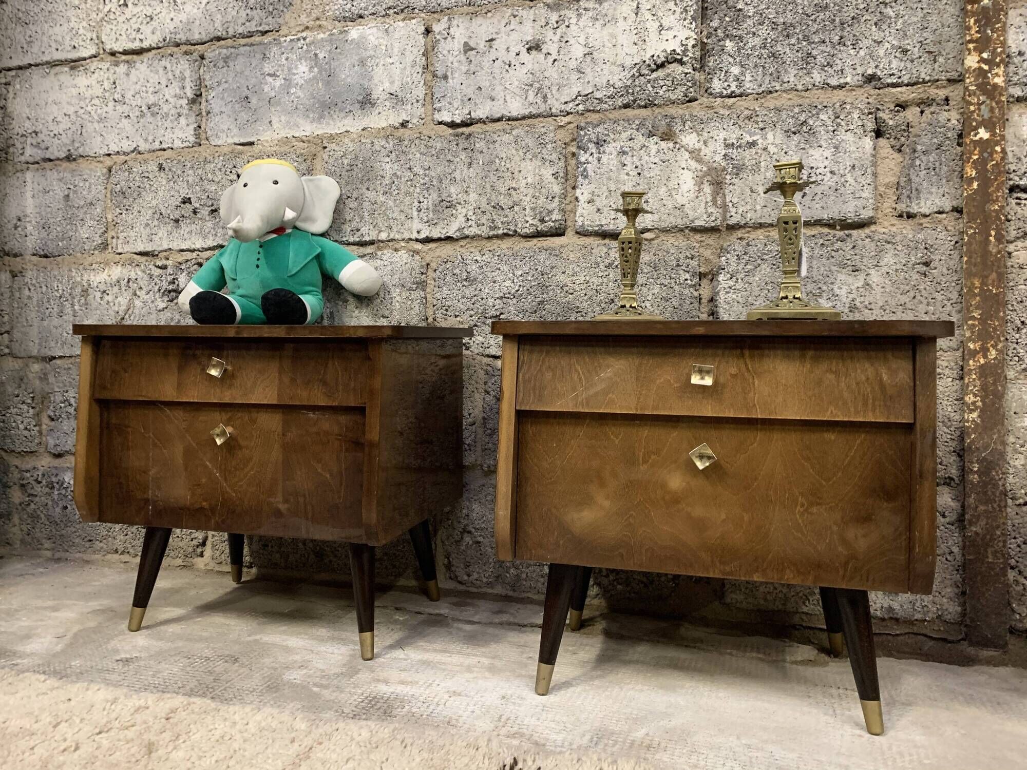Pair of night tables feet compass bedside end of vintage sofa old 1950 1960 retro