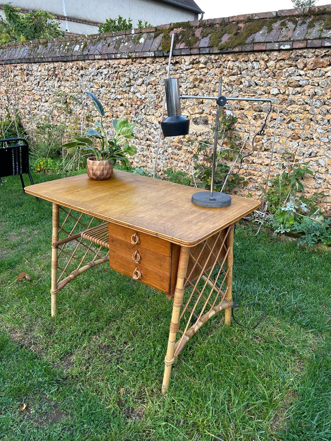 Vintage 1960 rattan desk by Louis Sognot