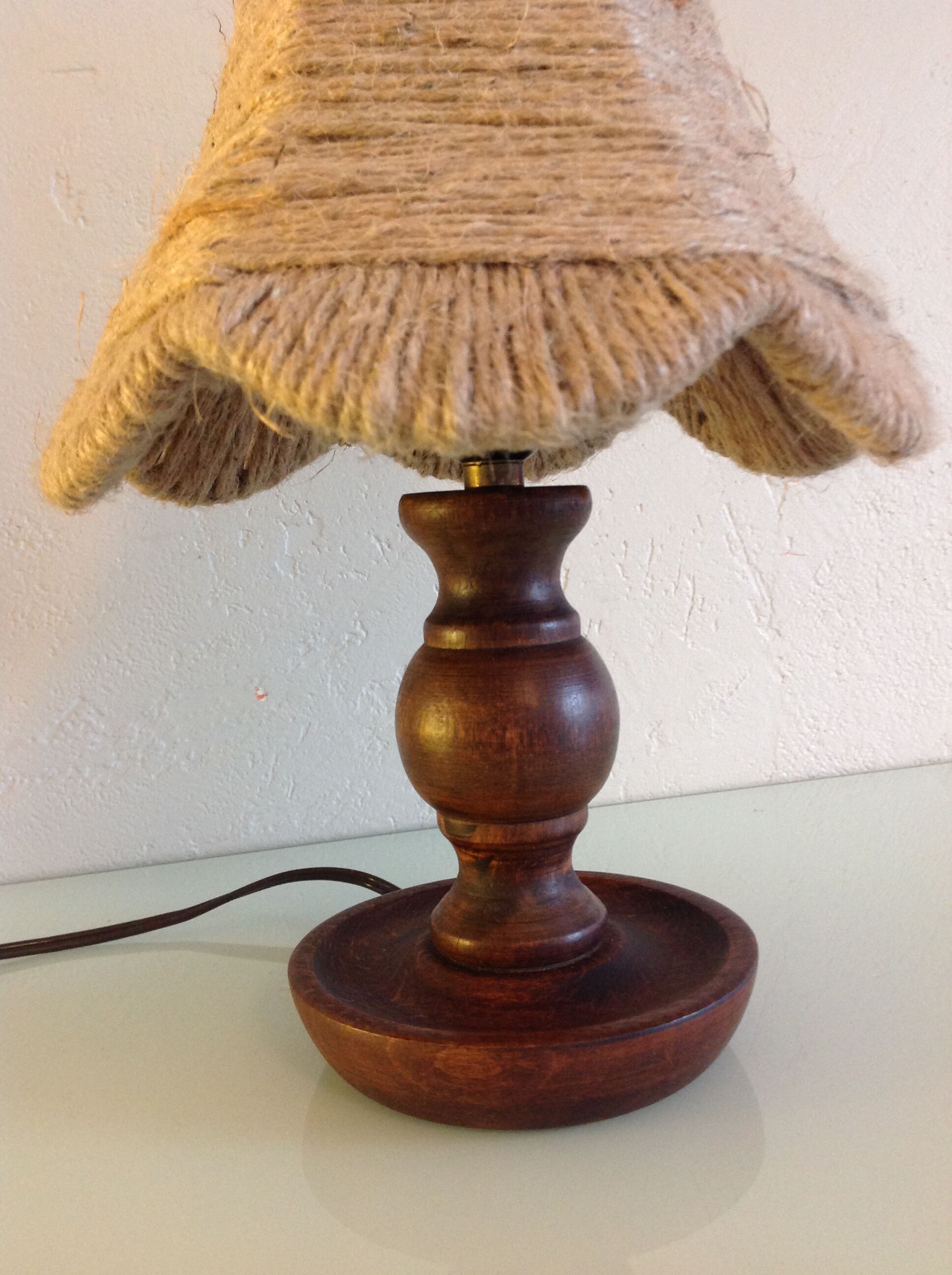 Wooden bedside lamp and Lampshade in rope/vintage 60-70 years