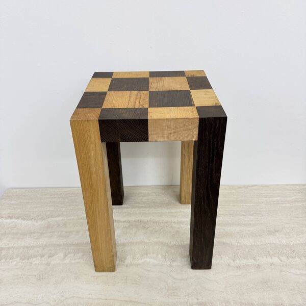 Table d'appoint en bois massif vintage style échiquier, années 1970