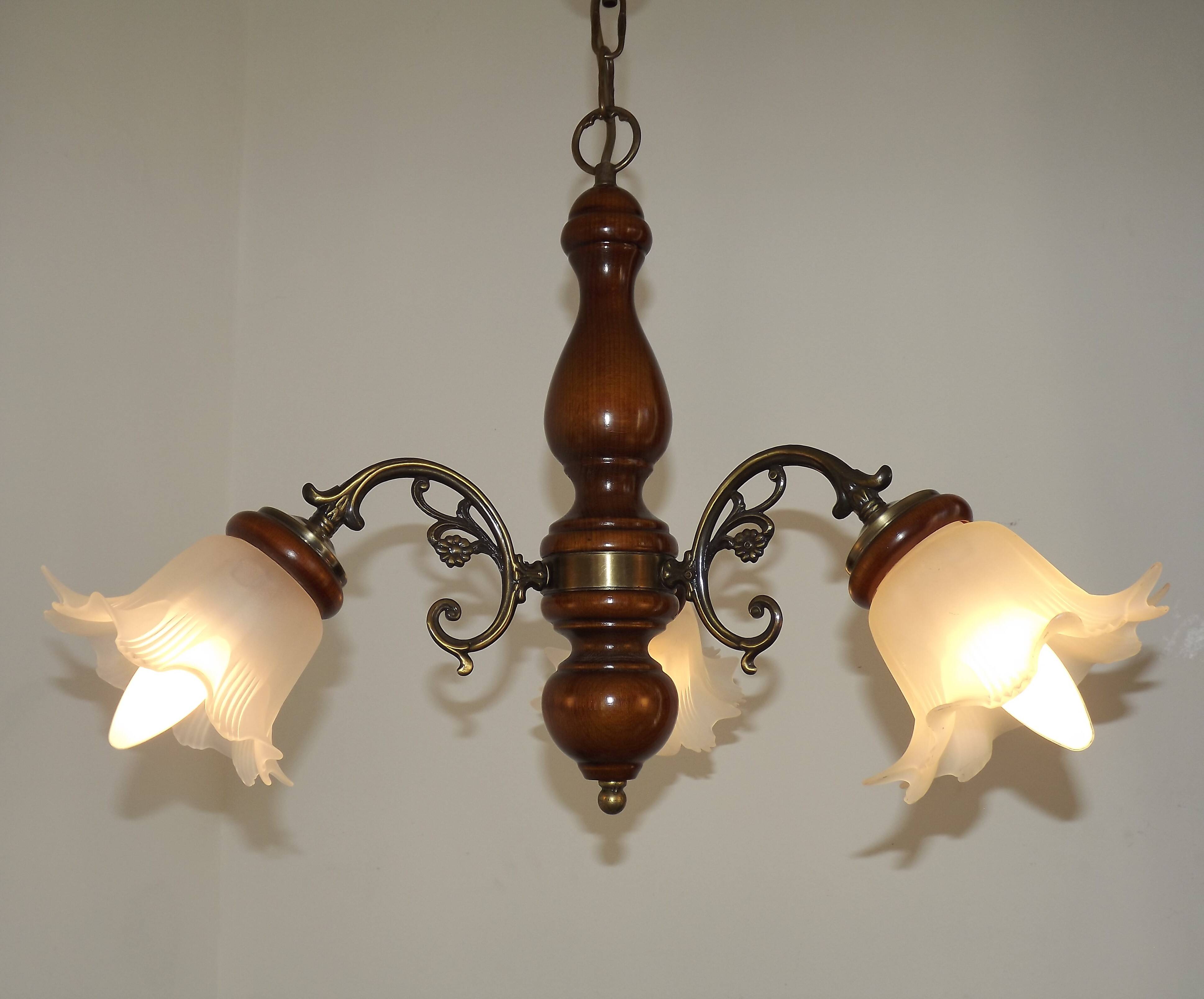 French Mid-Century 3-Light Wood and Bronzed Metal Chandelier with Glass Shades