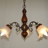 French Mid-Century 3-Light Wood and Bronzed Metal Chandelier with Glass Shades