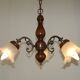 French Mid-Century 3-Light Wood and Bronzed Metal Chandelier with Glass Shades