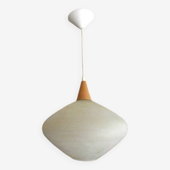 Opaline and wood pendant light, Scandinavian, Louis Kalff style, 1960